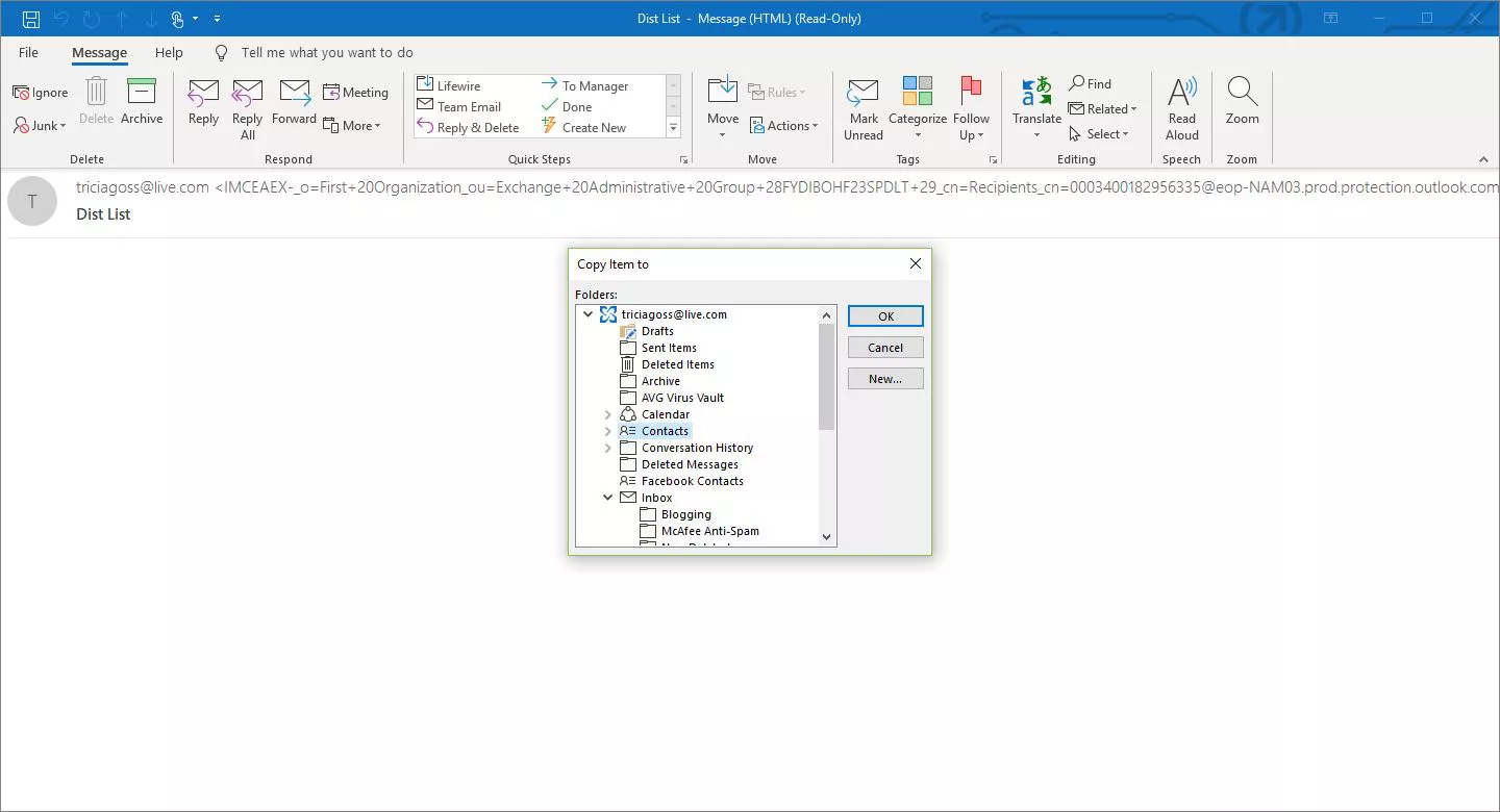 Importe un grupo de contactos de Outlook que se ha compartido con usted por correo electrónico 